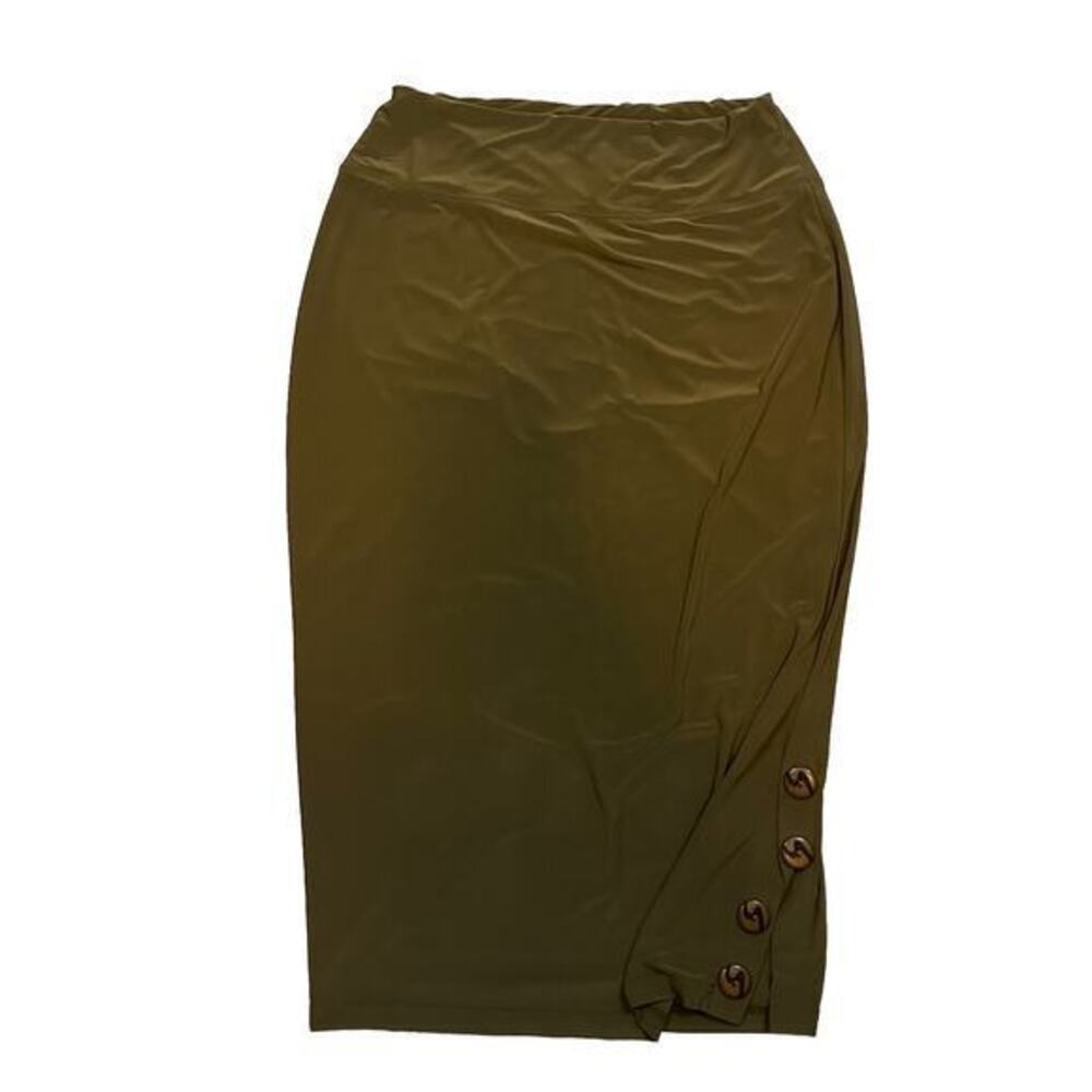 Sympli‎ 12 Elastic Waist Midi Skirt Solid Green Stretch Casual Minimalist Modest